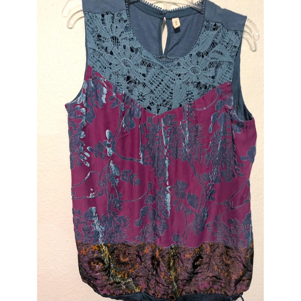 Tiny Anthropologie Lace Burnout Velvet Mixed Media Sleeveless Top Purple Blue‎ L - Picture 5 of 16